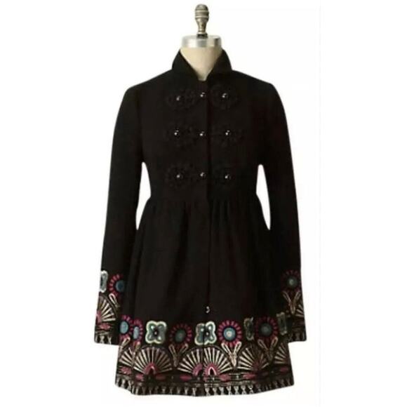 Anthropologie Through The Lens Plenty Tracy Reese Sz 8 Black Embroidered Coat - Picture 1 of 13